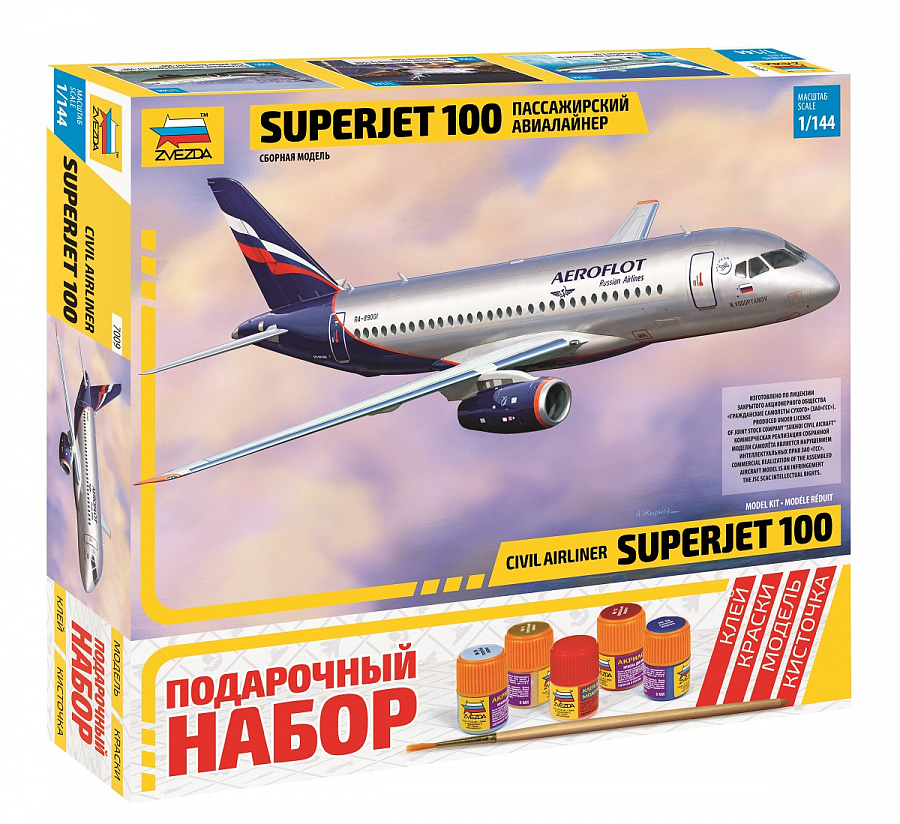 Купить сборную модель самолета Суперджет 100 (Подарочный набор), масштаб 1-144 (Звезда)-фото1 Региональный пассажирский авиалайнер Superjet 100 (Подарочный набор)-фото1